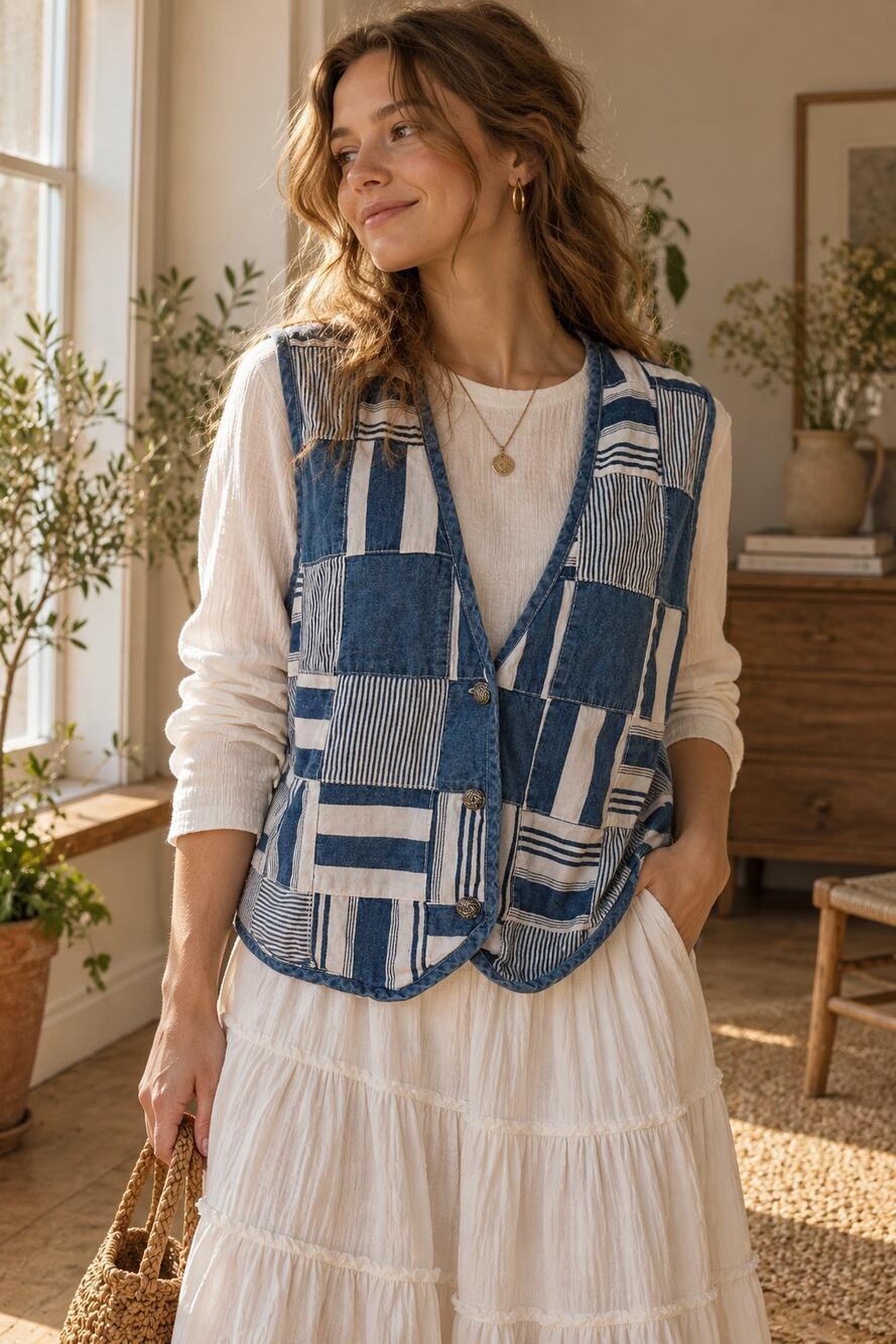 Lemon Grass Denim Patchwork Vest L Blue White Striped 90s Boho Coastal Cotton